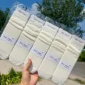 White stacked socks for women, long tube cotton socks, sweet cute college style daily. - Double Needle Style / Cream