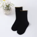 Kids black ruffled socks, breathable combed cotton mid-tube socks with cute lettuce edge design. - S (1-3 Years) / Black