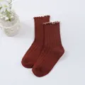 Kids ribbed ruffle crew socks in deep red, breathable combed cotton, comfortable toddler wear. - S (1-3 Years) / Brick Red