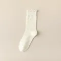 Chaussettes mi-hautes à volants et pois pour femmes coton doux été fin style ballet japonais - Bord Fleuri Blanc