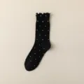 Chaussettes Mi-hautes à Pois Volants Femme Coton Noir Style Japonais Longues Chaussettes - Bord Fleuri Noir