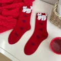Red cute cat fuzzy crew socks for women winter warm lucky new year novelty cartoon heart hosiery - Heart Cat