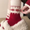 Thickened red winter wool socks, cozy thermal knit long crew socks with festive snowflake patterns. - Fair Isle