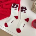 Cute red and white mid-tube socks with flower pattern, comfortable knitted winter socks for women. - Money Flower