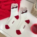 Womens cute fluffy bear crew socks with red heel and toe, comfortable knit hosiery. - Bear with Scarf