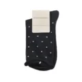 Black polka dot mid-tube socks with rolled edge and paper tag main product view display. - One Size / Black