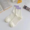 Women summer mesh breathable mid-calf socks pure cotton daily wear cute style main view - One Size / White with Purple Cuff