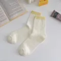 Women summer mesh breathable mid-tube socks pure cotton sweet style solid color long socks - One Size / White with Yellow Cuff