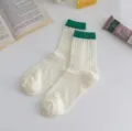 White mid-calf women socks with green ribbed cuffs, breathable mesh design for summer. - One Size / White with Green Cuff