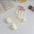 Women summer breathable mesh mid-calf socks pure cotton sweet style hollow thin solid color - One Size / White with Pink Cuff