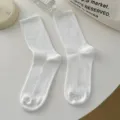 Cream white ribbed crew socks for women, stylish cotton mid-tube knit casual socks. - Pure White