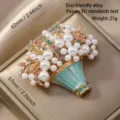 Vintage Pearl Rhinestone Flower Basket Brooch Chic Alloy Fashion Jewelry Accessory - Painted Pearl Basket (Blue)