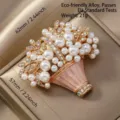 Vintage Pearl Flower Basket Brooch Gold Tone Rhinestone Decorative Pin Accessory - Painted Pearl Basket (Pink)