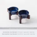 Japanse stijl keramische huisdier dubbele kom met acaciahouten standaard voor katten. - S / Rechte Waterbak + Verhoogde Symmetrische Acaciahouten Dubbele Standaard / Oven Blauw