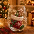 Christmas themed hand-painted glass cup with festive stocking and gift design for holidays. - 301-400ml / Holiday Candy Style (B)