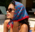 Blue satin silk square scarf with red cherry print, 70cm versatile head scarf and hair accessory. - 70x70cm / Style 2