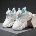 Kids breathable mesh sneakers with rotary dial lace up white blue athletic shoes for girls summer. - 37 / Sky Blue Double Mesh