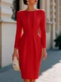 Elegant red long sleeve pencil dress with pleated round neck design for women office commuting - S / Dresses / Red