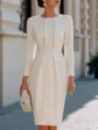 Detailed view of elegant off-white pleated long sleeve midi dress with slim fit waist. - S / Dresses / Apricot