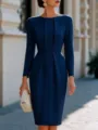 Detailed view of a solid dark blue round neck pleated long sleeve midi dress for women. - S / Dresses / Navy Blue