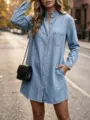 Close-up view of the casual denim shirt dress featuring a chic ruffle stand collar and metal buttons. - S / Dresses / Sky Blue