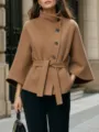 Detailed view of the stylish camel wool blend coat featuring high collar and chic belted waist. - S / Tops / Khaki