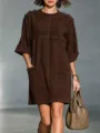 Women vintage brown suede mini dress with shoulder buttons, long sleeves and front pockets. - S / Dresses / Dark Brown
