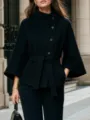 Elegant black wool coat with stand collar, asymmetrical buttons and chic belted waist. - S / Tops / Black