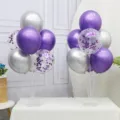 Birthday party balloon table stand decoration set with purple and silver latex balloons. - 6 Metallic Purple + 6 Metallic Silver + 6 Sequin Purple + 2 Stands + Pump