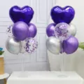Purple heart balloon table centerpiece kit for birthday party decoration and romantic event setup - 2 Heart Foils + 6 Metallic Purple + 6 Metallic Silver + 6 Sequin Purple + 2 Stands + Pump