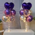 Birthday purple heart balloon table stand kit girl children party romantic decoration. - 2 Heart Foils + 6 Metallic Purple + 6 Metallic Silver + 6 Sequin Purple + 2 Stands + 2 LED Lights + Pump