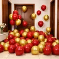 Thicken double-layer red and gold latex balloons set for wedding engagement party romantic decor - 10 Inch Round (Pomegranate Red + Metallic Gold) Approx 100 Pieces