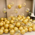 Gold and confetti balloon set variant for wedding romantic party decoration setup - 10 Inch Round Metallic Gold + 12 Inch Gold Sequin (Approx 60 Pieces)