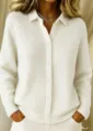 Waffle knit cardigan detail, white collared sweater texture close up, button down knitwear. - S / White