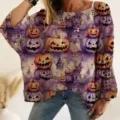 Detailed view of Halloween pumpkin print sweater, hollow out knit fabric, long batwing sleeves. - S / Cat Pumpkin