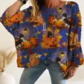 Women Halloween long sleeve sweater off shoulder hollow out batwing knit pullover top casual - S / Purple Pumpkin