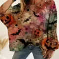 Halloween pumpkin bat print off shoulder hollow knit sweater for women casual top. - S / Bat Pumpkin