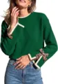 Green knit sweater with contrast ribbed cuffs and stylish leopard print bows detail. - S / Green
