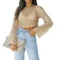 Maglione corto traforato in maglia crochet a maniche lunghe e girocollo da donna - Taglia S / Albicocca Scuro
