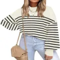 Details of the striped lantern sleeve knit sweater, showcasing cozy round neck and soft texture. - S / Apricot