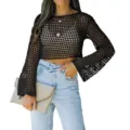 Vista dettagliata del crop top in maglia a rete a maniche lunghe nero da donna, casual. - Taglia S / Nero