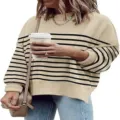 Close-up detail of women's striped knit sweater, showing crewneck and lantern sleeves. - S / Khaki-2