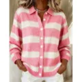 Detailed view of the pink and white striped knit cardigan featuring front buttons and collar. - S / Pink + White