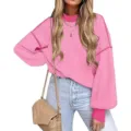 Pink crewneck lantern sleeve sweater, women's loose knit pullover fashion detail view. - S / Pink