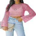 Maglione crop top a maniche lunghe in rete rosa da donna stile casual elegante chic. - Taglia S / Rosa