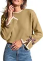 Khaki women crewneck knitted sweater with contrast white cuffs and chic leopard print bows. - Wheat