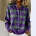 Purple and green plaid knit shirt detail, featuring a lapel collar and single-breasted button front for women. - S / Purple