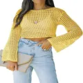 Vista detallada del crop top de punto calado amarillo con mangas largas y cuello redondo. - Amarillo