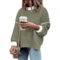 Casual loose knit sweater for women featuring crewneck, lantern sleeves, and contrast white trim. - S / Army Green