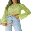 Mujer crop top suéter de malla ganchillo verde neón manga larga vista detallada. - Verde Fluorescente